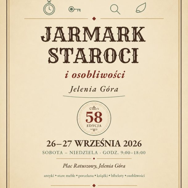 Grafika informacyjna o 58. Jeleniogórskim Jarmarku Staroci i Osobliwości, 26–27 września 2026