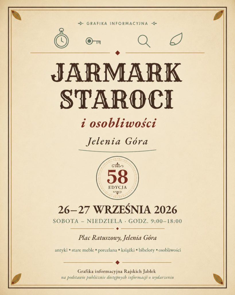Grafika informacyjna o 58. Jeleniogórskim Jarmarku Staroci i Osobliwości, 26–27 września 2026